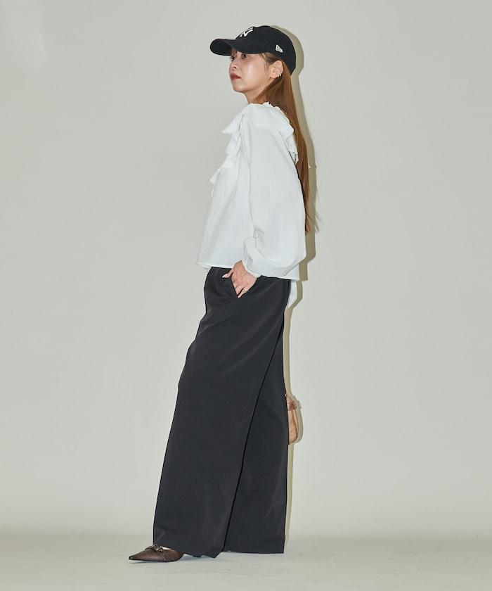 腰部收褶拼接休閒西褲褲子