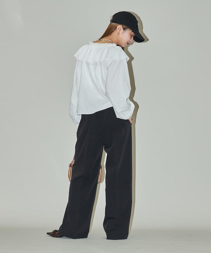 腰部收褶拼接休閒西褲褲子