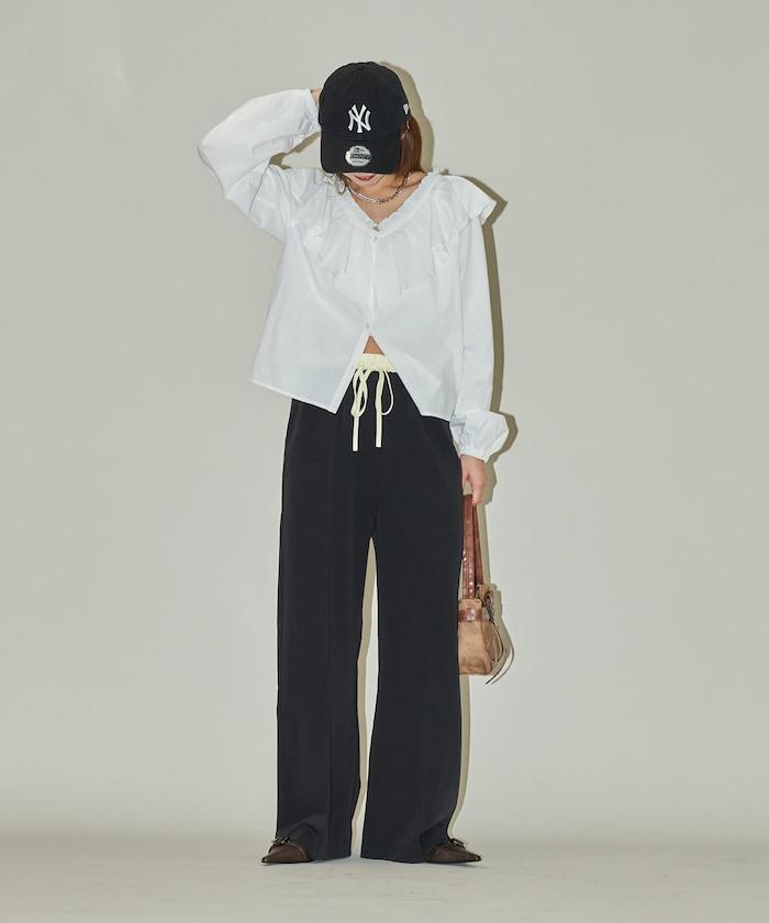 腰部收褶拼接休閒西褲褲子