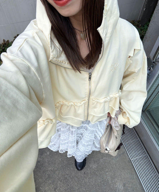 CP標誌荷葉邊層疊破洞帽T恤