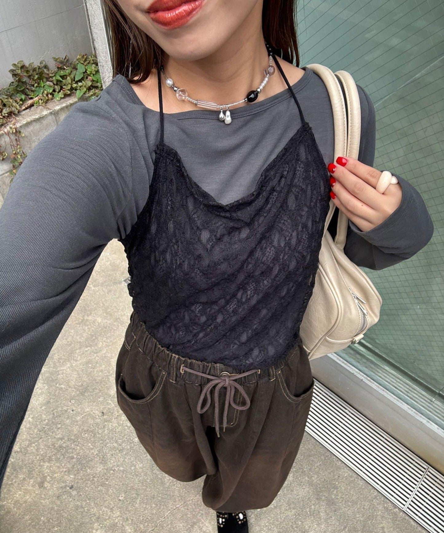 蕾絲吊帶對接上衣