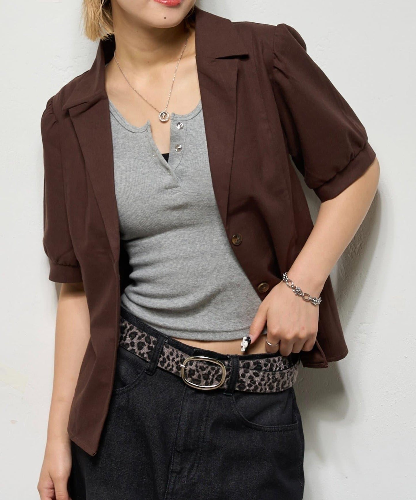 亞麻風泡泡袖襯衫夾克