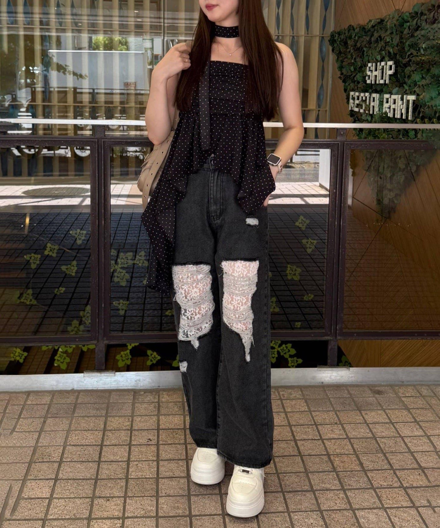 旬顏!損傷蕾絲牛仔褲