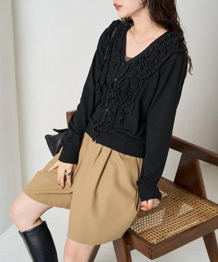 迷你荷葉邊V領針織開衫