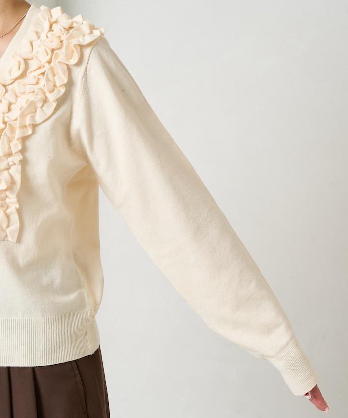 迷你荷葉邊V領針織開衫