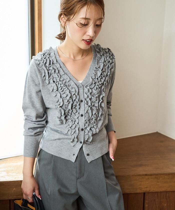 迷你荷葉邊V領針織開衫