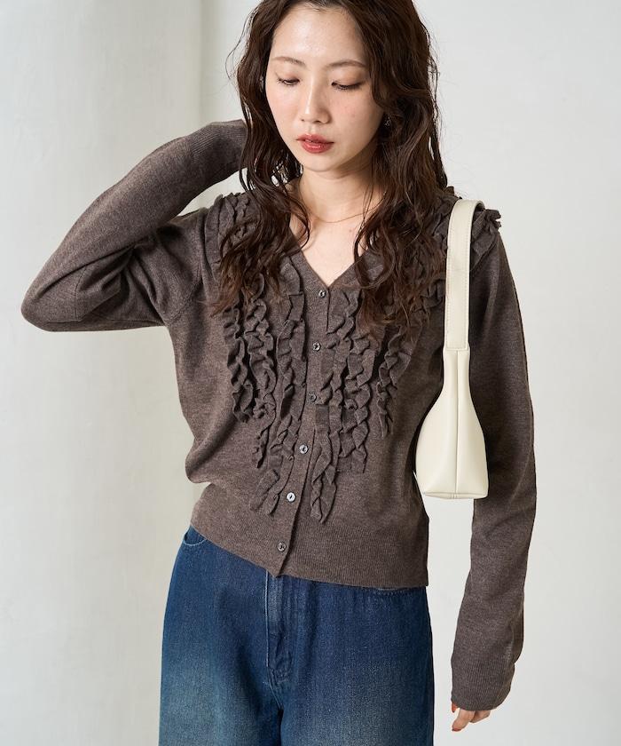 迷你荷葉邊V領針織開衫