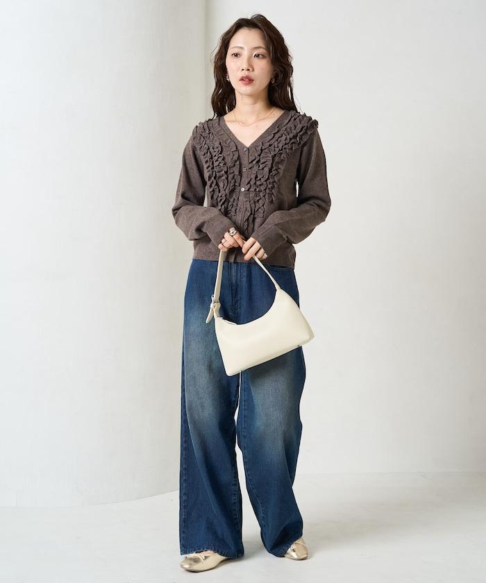 迷你荷葉邊V領針織開衫