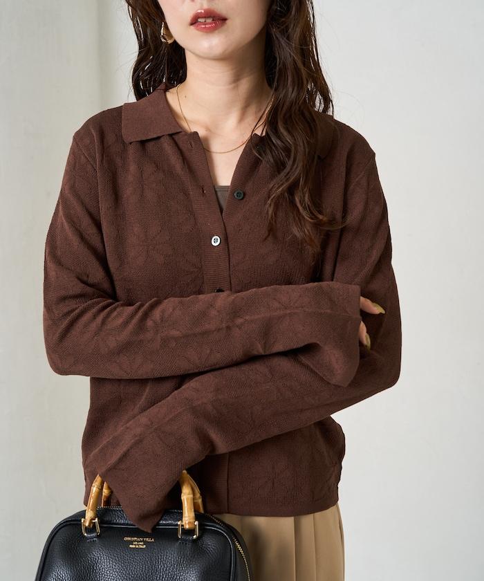 麻觸感 花朵提花開衫