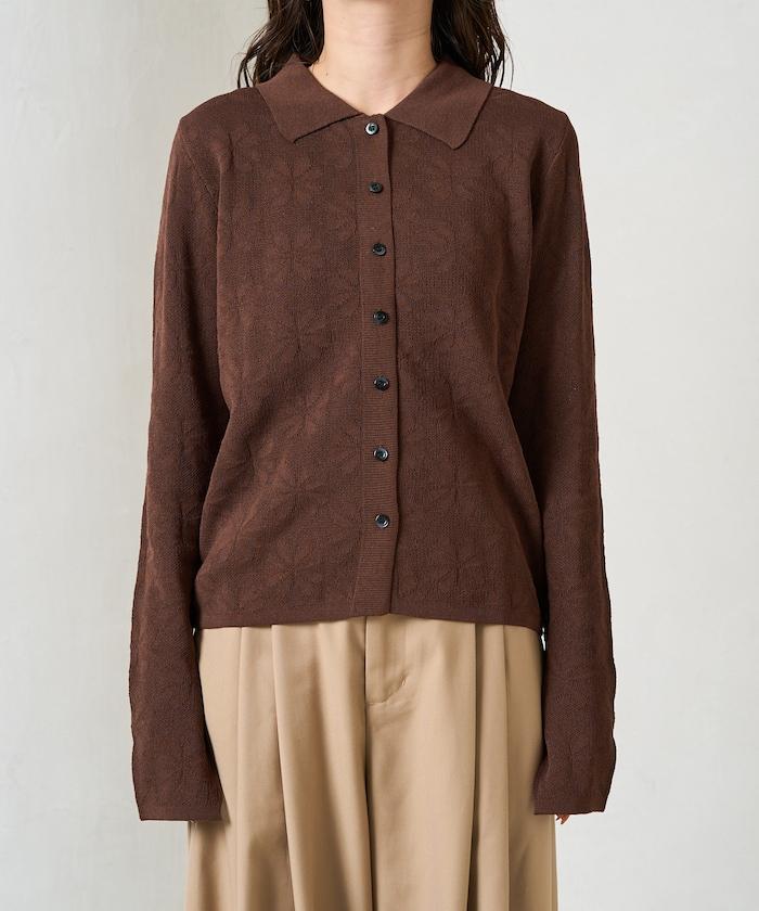 麻觸感 花朵提花開衫