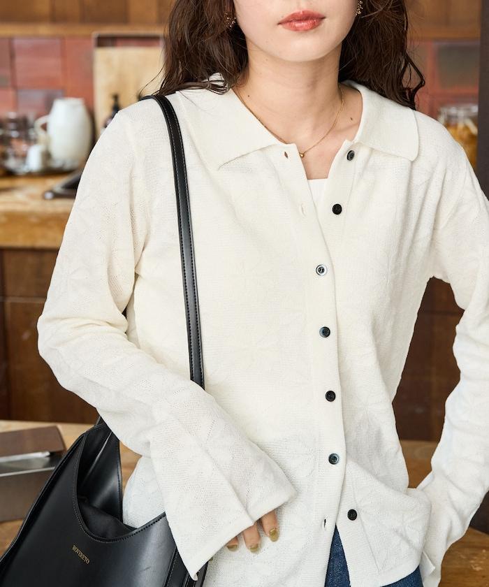 麻觸感 花朵提花開衫