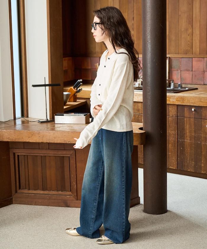 麻觸感 花朵提花開衫