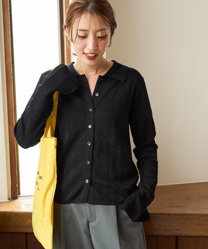 麻觸感 花朵提花開衫