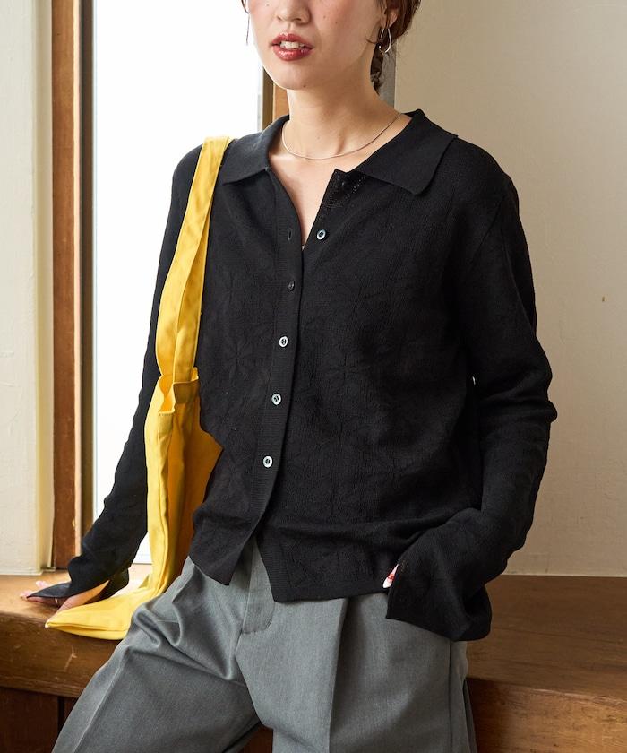 麻觸感 花朵提花開衫