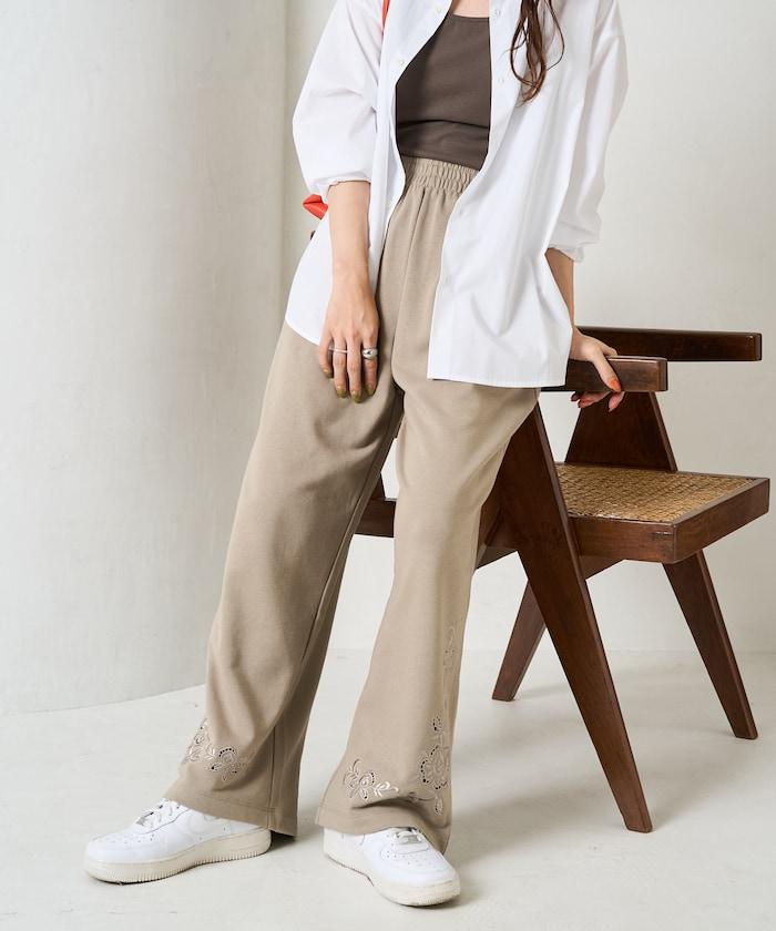 花朵剪裁 刺繡 裡毛 寬鬆 運動褲