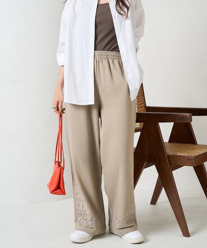 花朵剪裁 刺繡 裡毛 寬鬆 運動褲