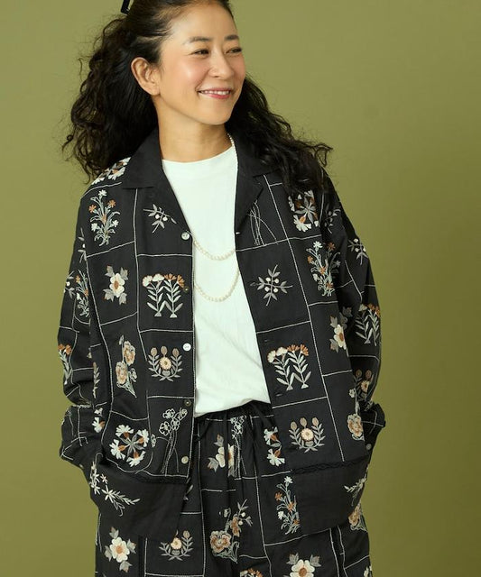 拼接花卉刺繡長袖襯衫