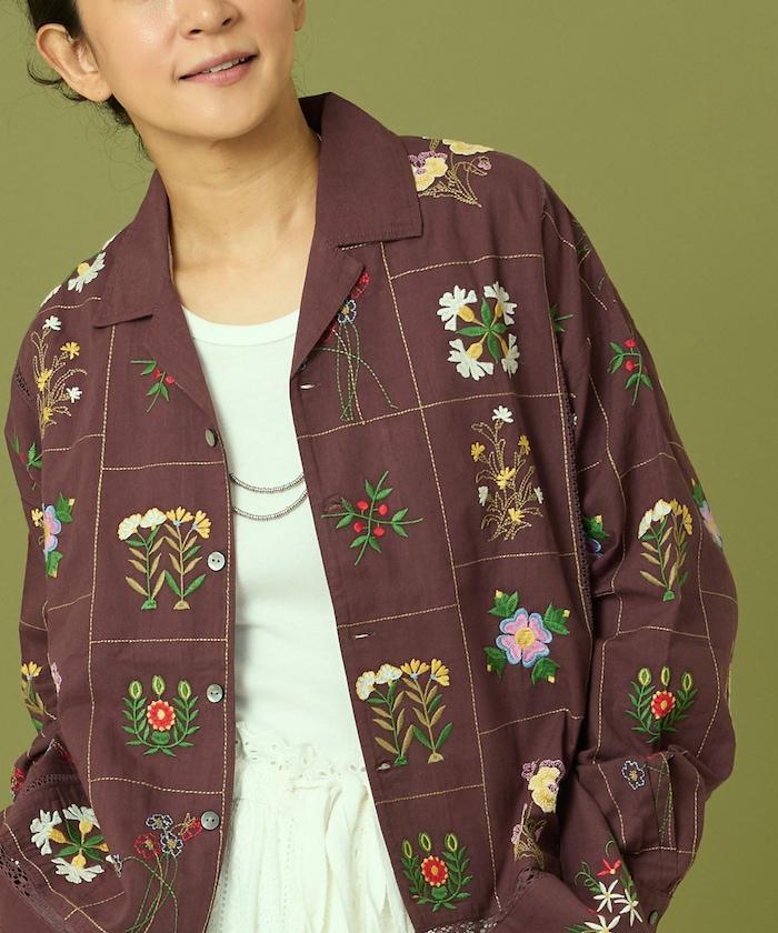 拼接花卉刺繡長袖襯衫