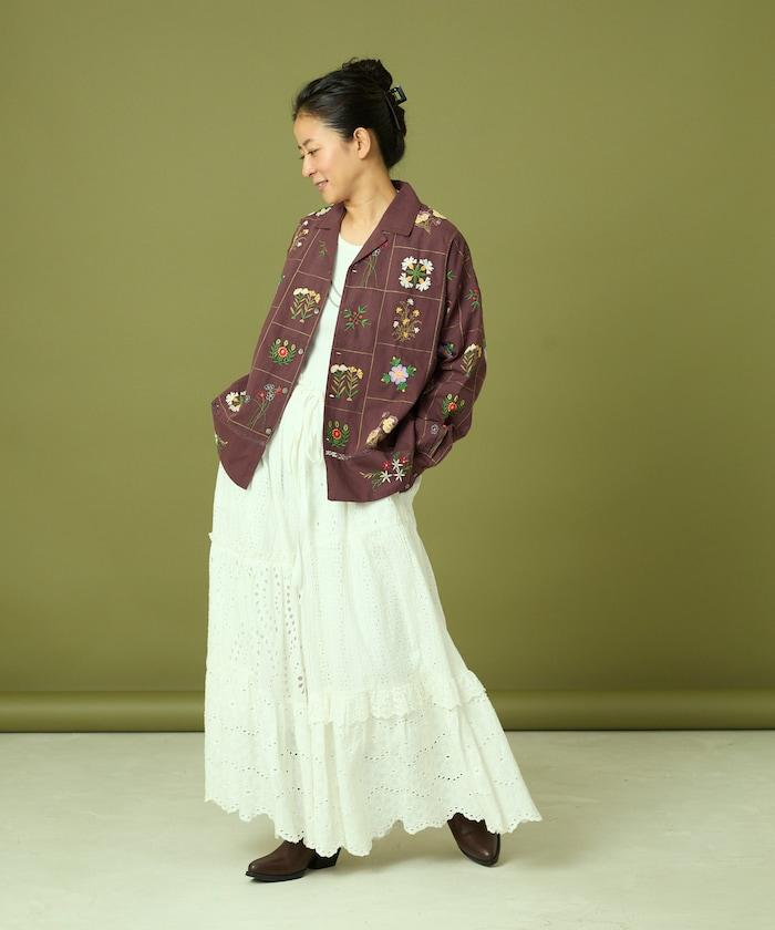 拼接花卉刺繡長袖襯衫