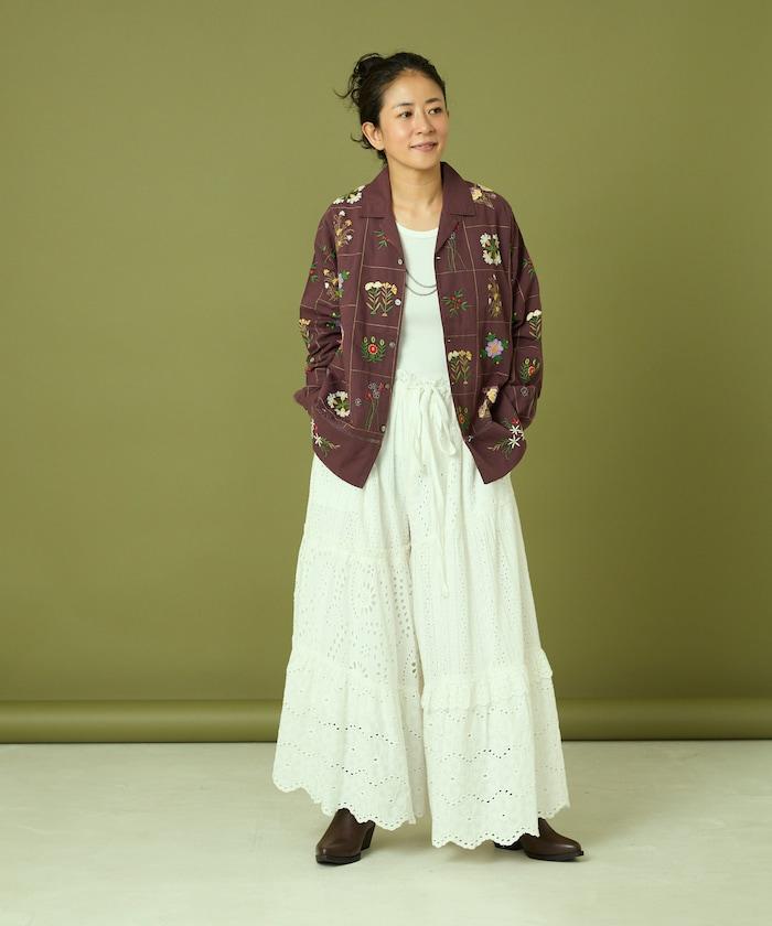 拼接花卉刺繡長袖襯衫
