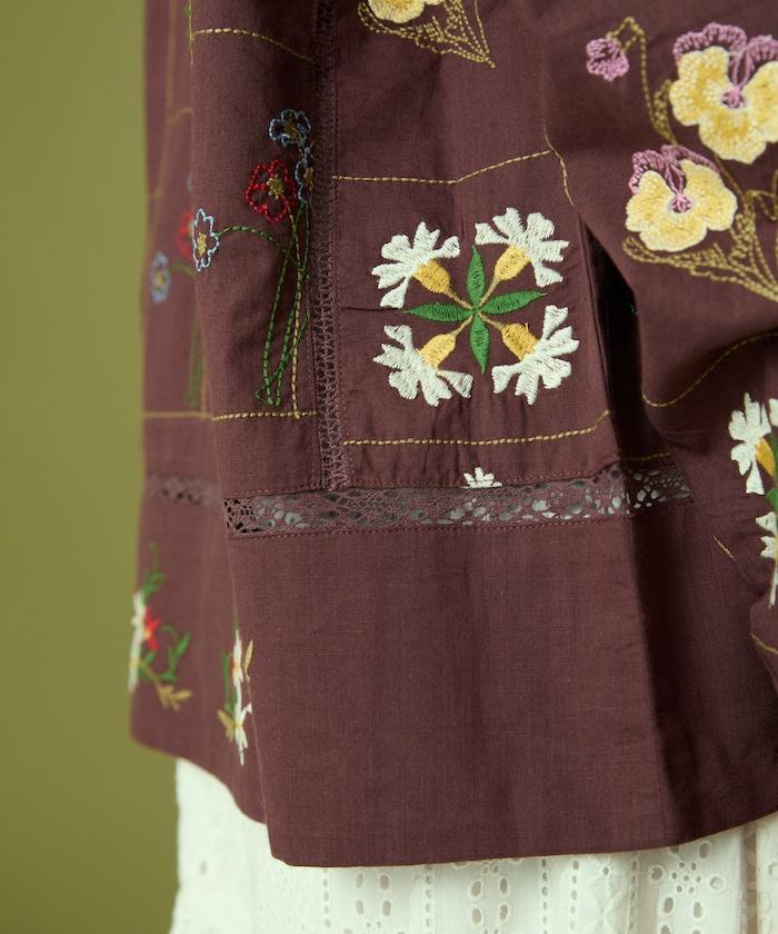 拼接花卉刺繡長袖襯衫