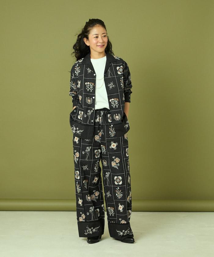 拼接花卉刺繡長袖襯衫