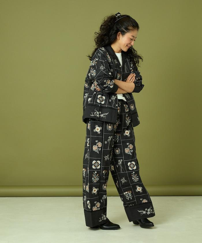 拼接花卉刺繡長袖襯衫