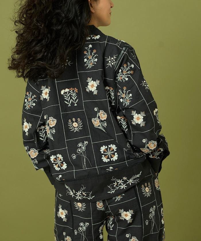 拼接花卉刺繡長袖襯衫