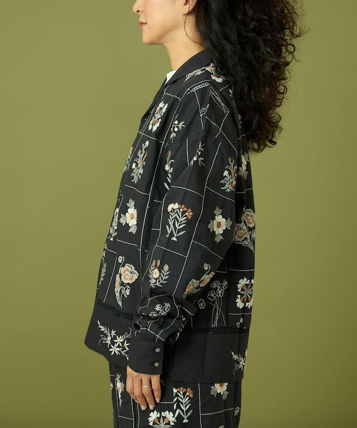拼接花卉刺繡長袖襯衫