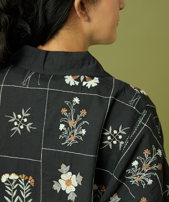 拼接花卉刺繡長袖襯衫