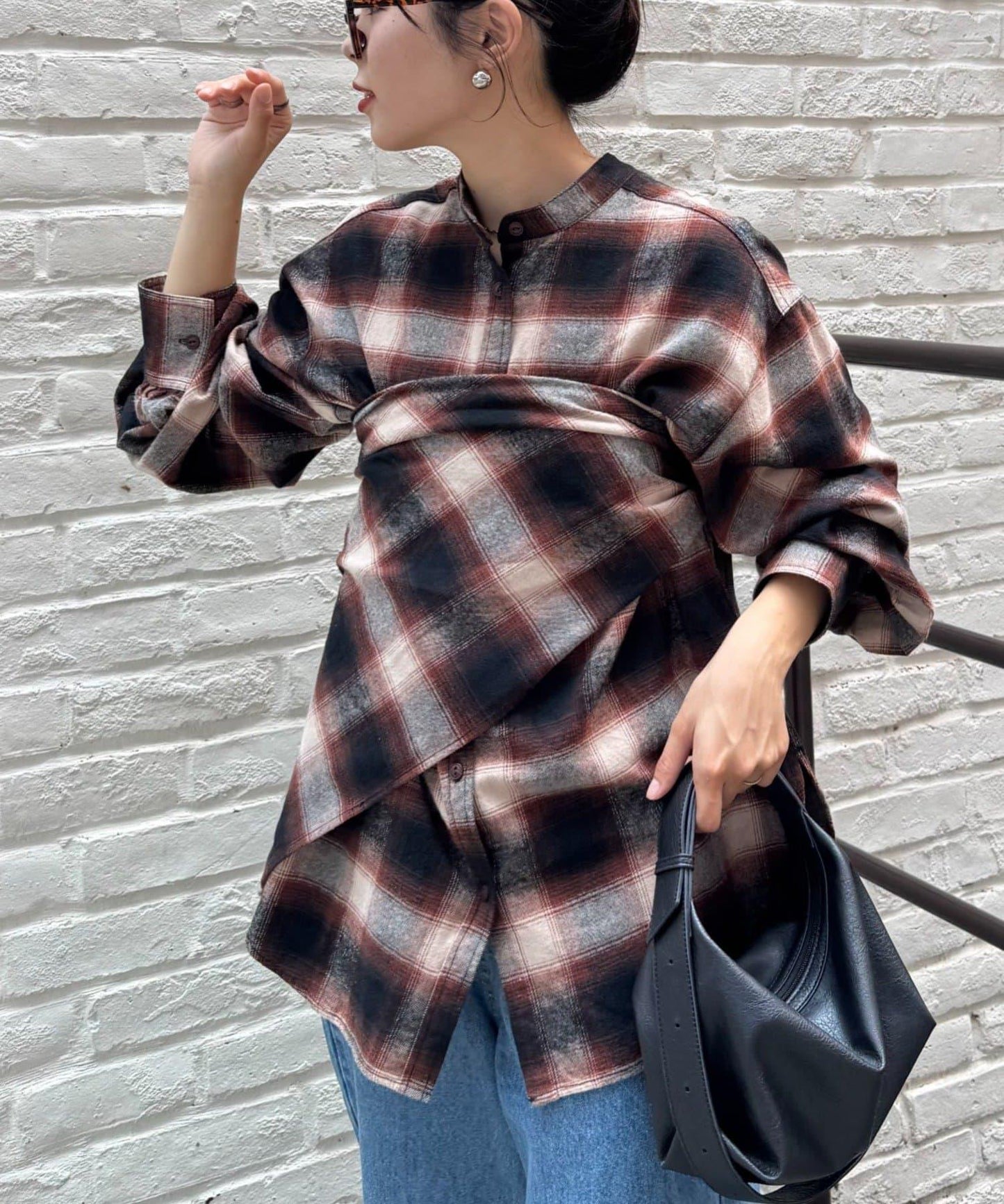 【隨心搭配】附圍巾的蓬鬆袖格紋襯衫