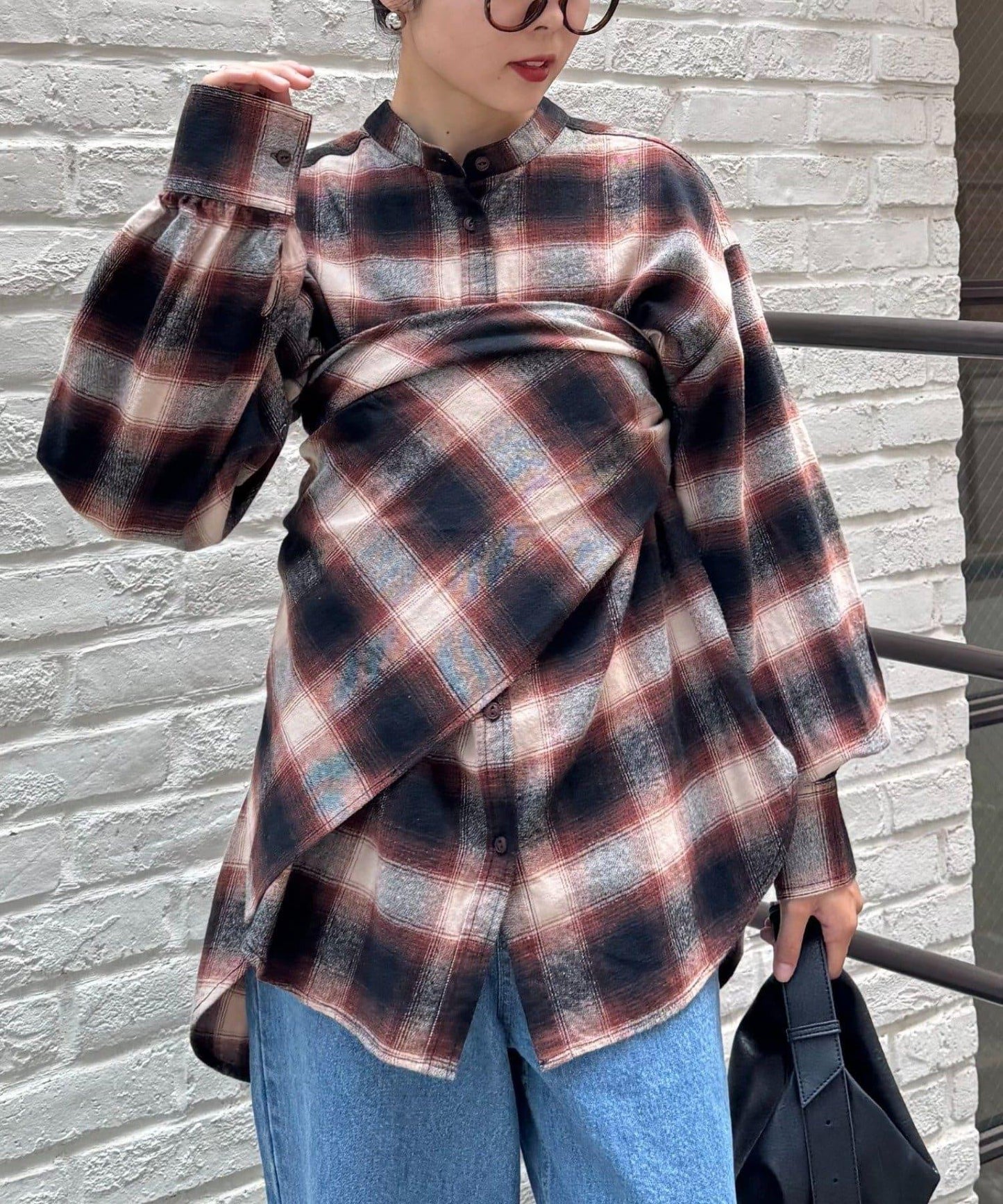 【隨心搭配】附圍巾的蓬鬆袖格紋襯衫