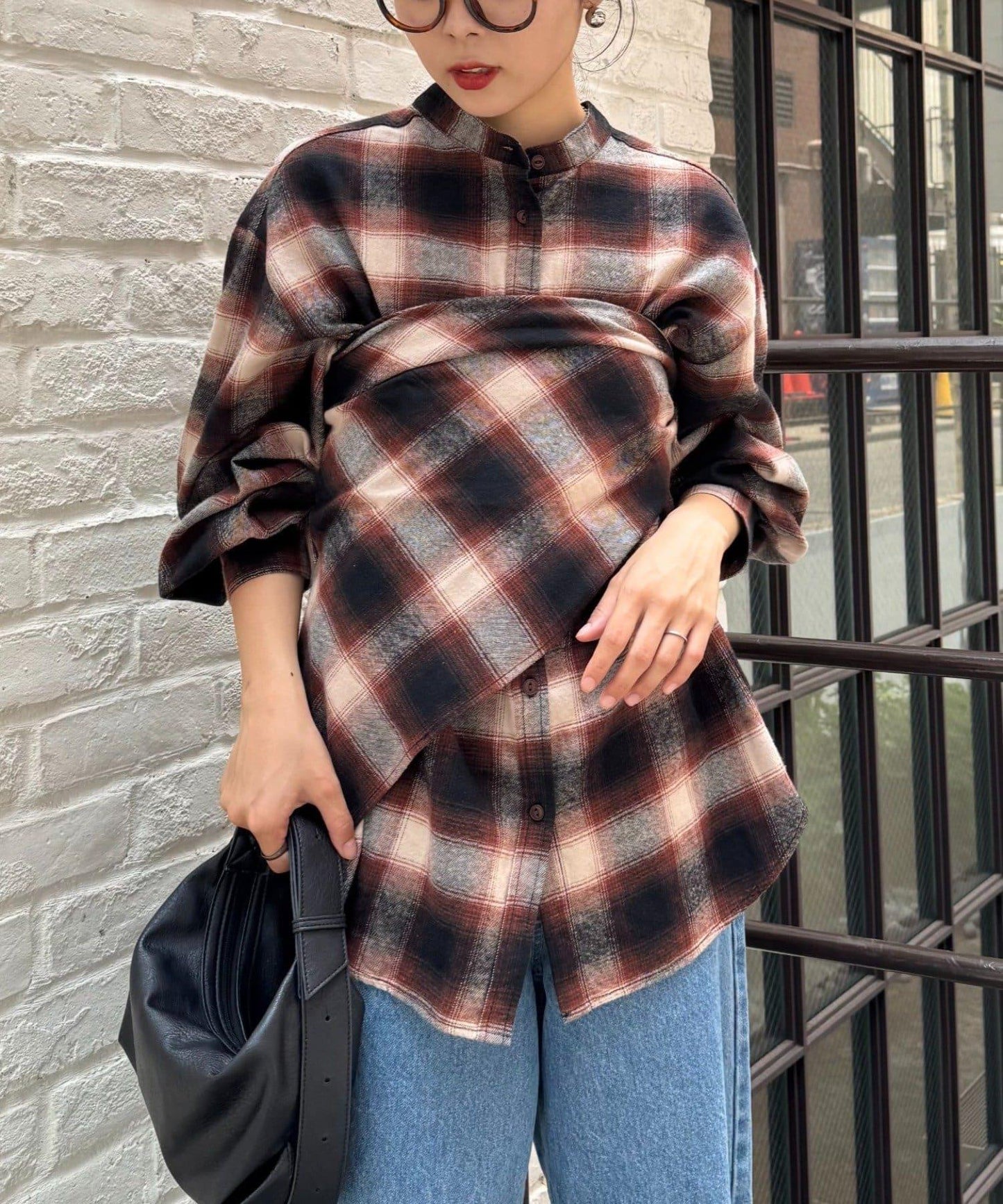 【隨心搭配】附圍巾的蓬鬆袖格紋襯衫