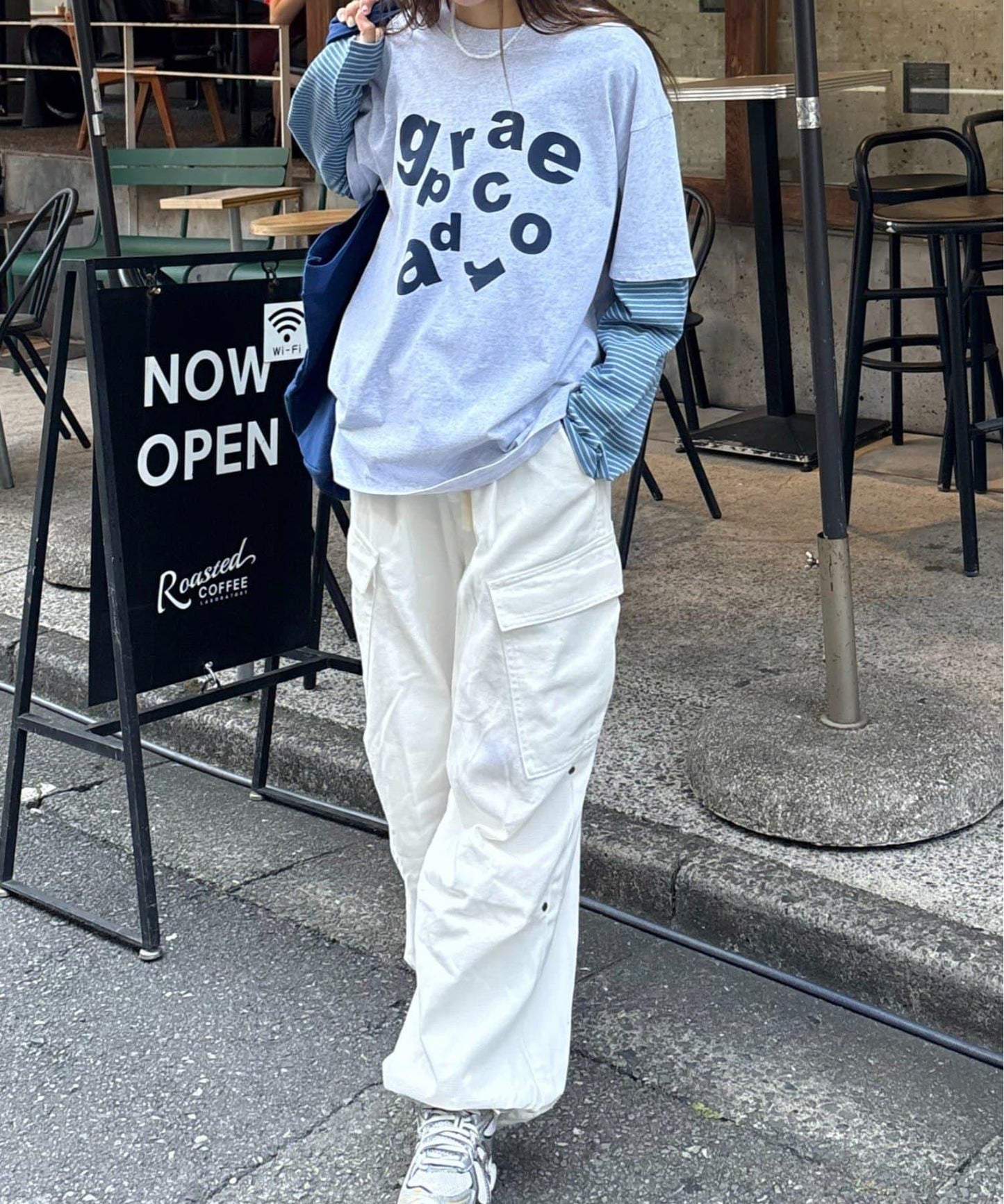 【男女通用】疊層條紋logo短袖T恤