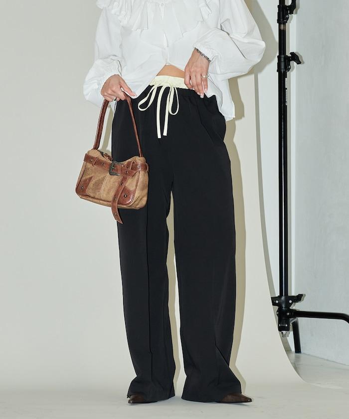 腰部收褶拼接休閒西褲褲子