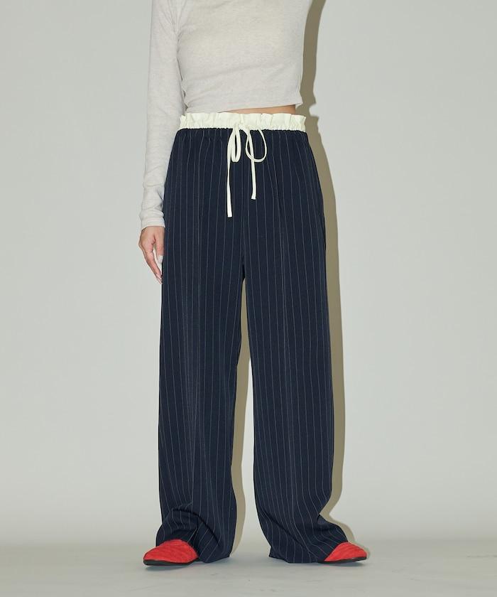 腰部收褶拼接休閒西褲褲子