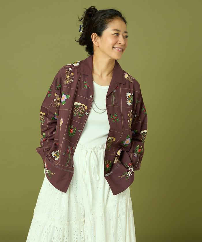 拼接花卉刺繡長袖襯衫