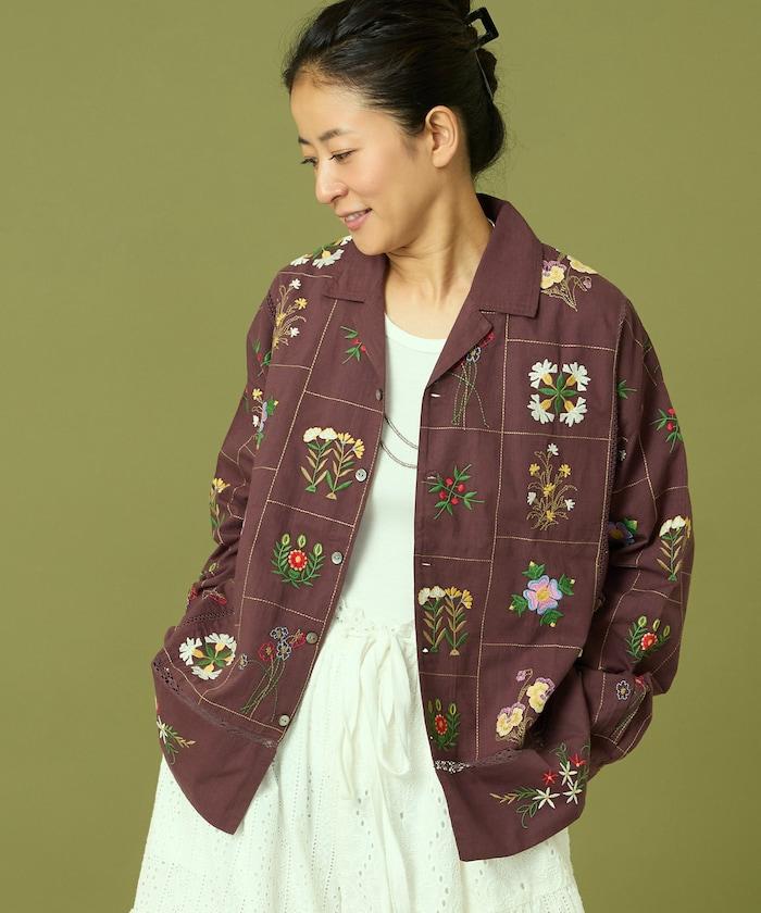 拼接花卉刺繡長袖襯衫