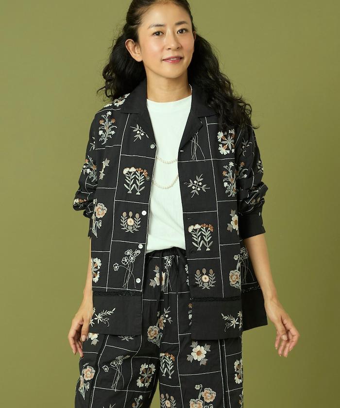拼接花卉刺繡長袖襯衫