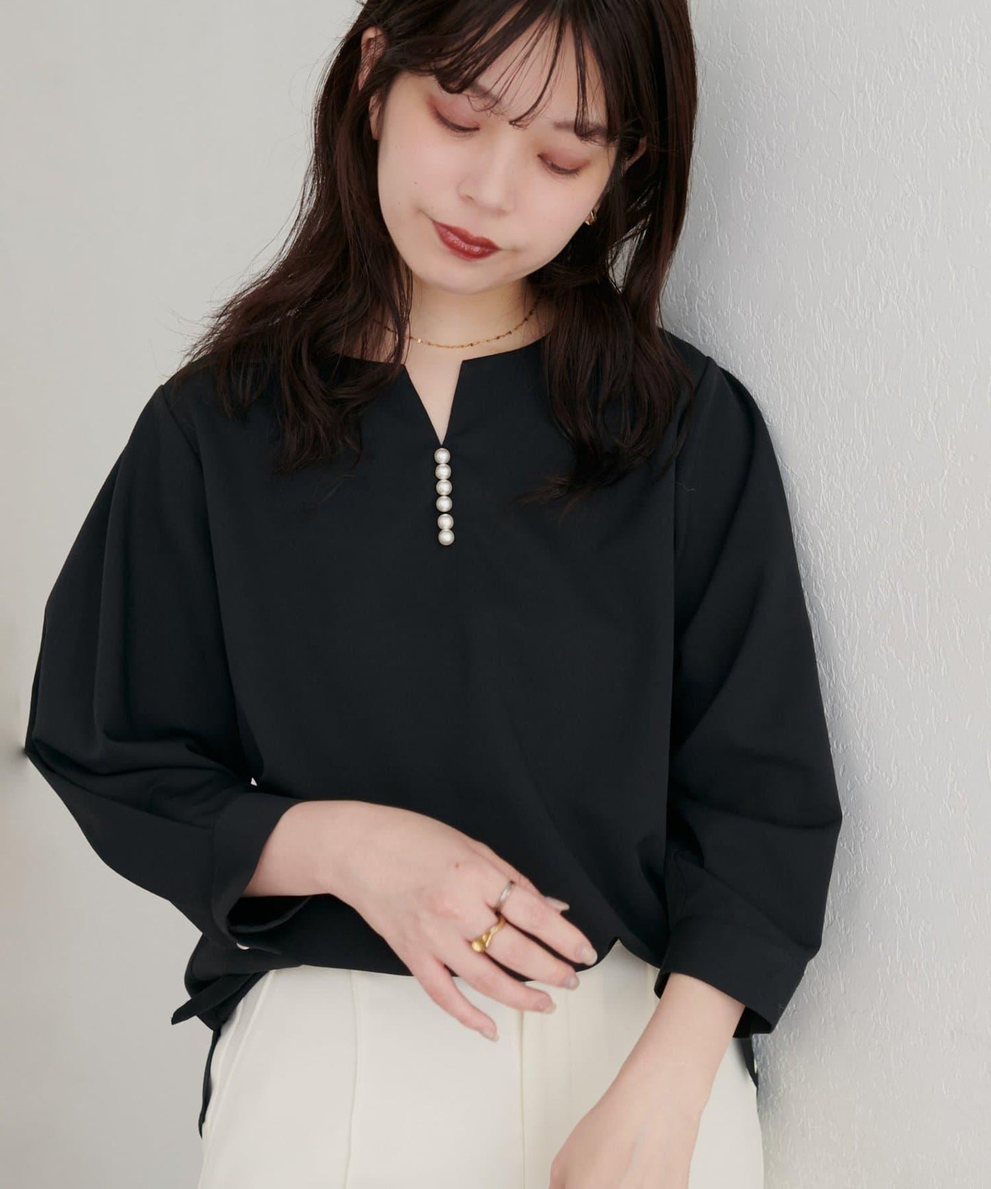 【限定】珍珠裝飾領開衫襯衫