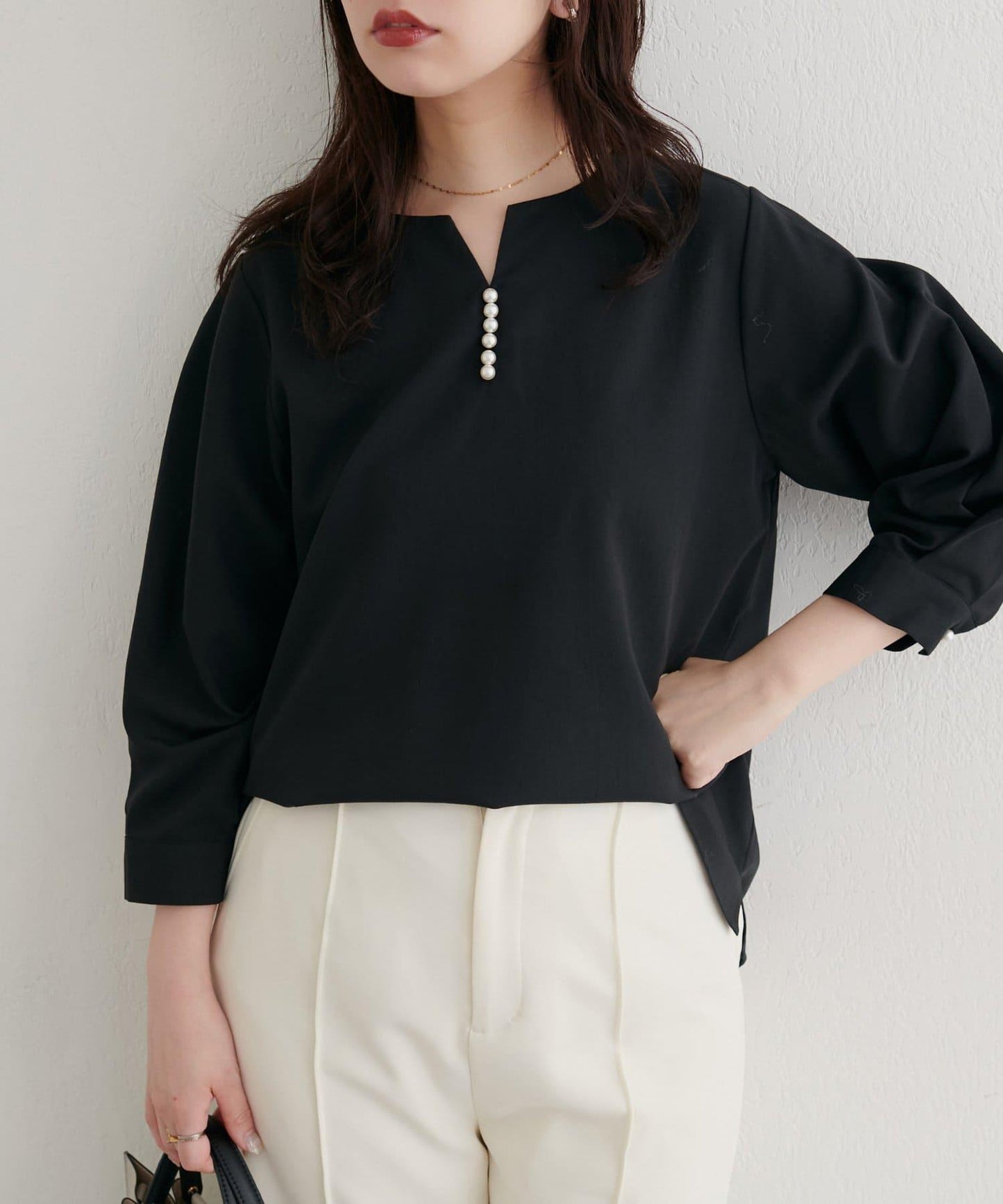 【限定】珍珠裝飾領開衫襯衫