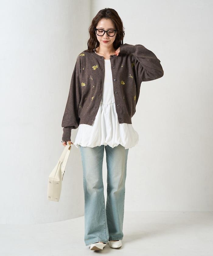 花朵刺繡圓領針織開衫