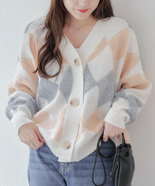 菱格紋提花V領開衫