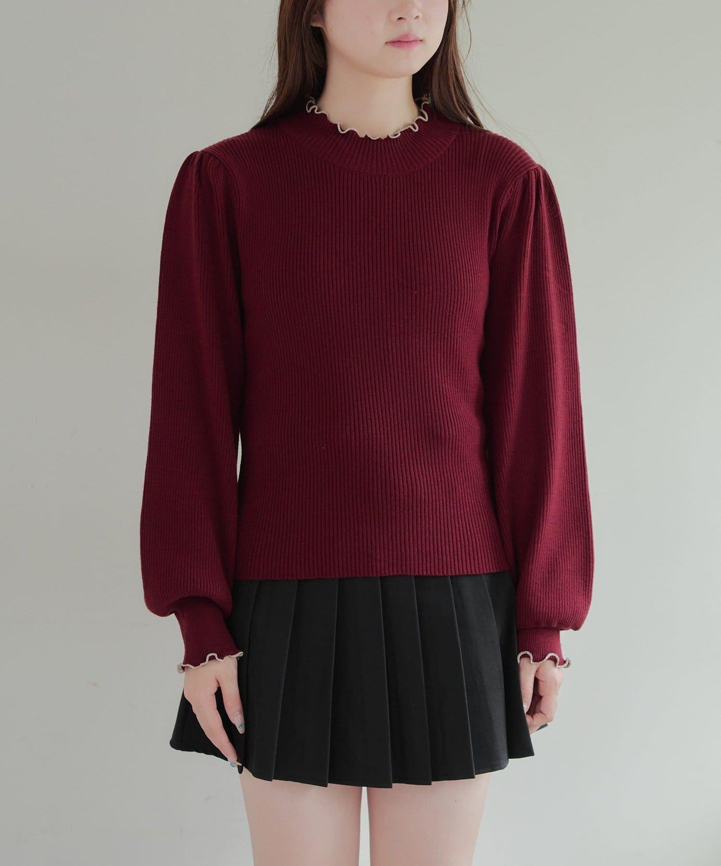配色圓領寬肩肋針織衫