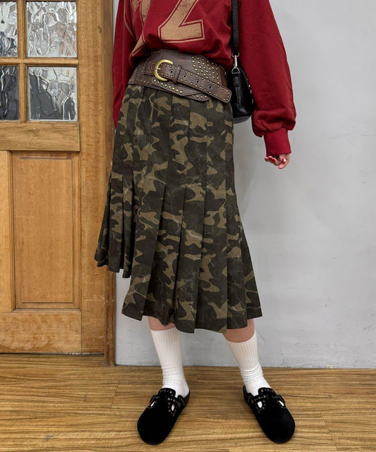 不對稱褶皺迷彩圖案中長裙