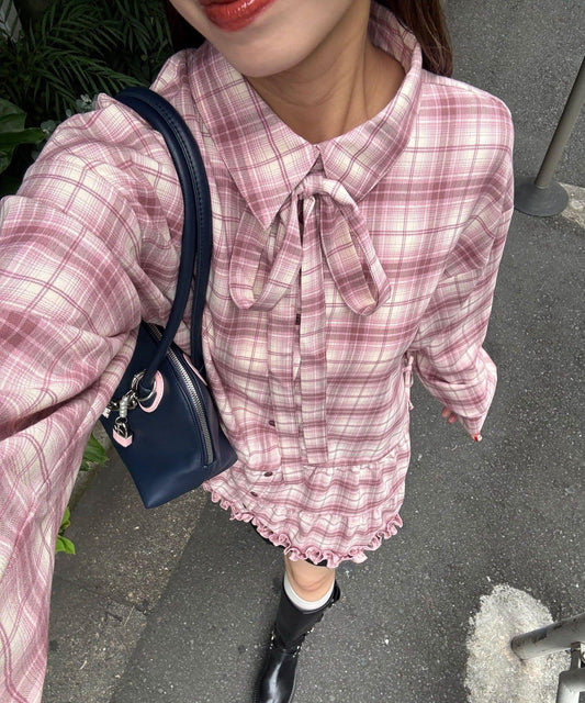 蝴蝶結領下襬層疊格子襯衫連衣裙