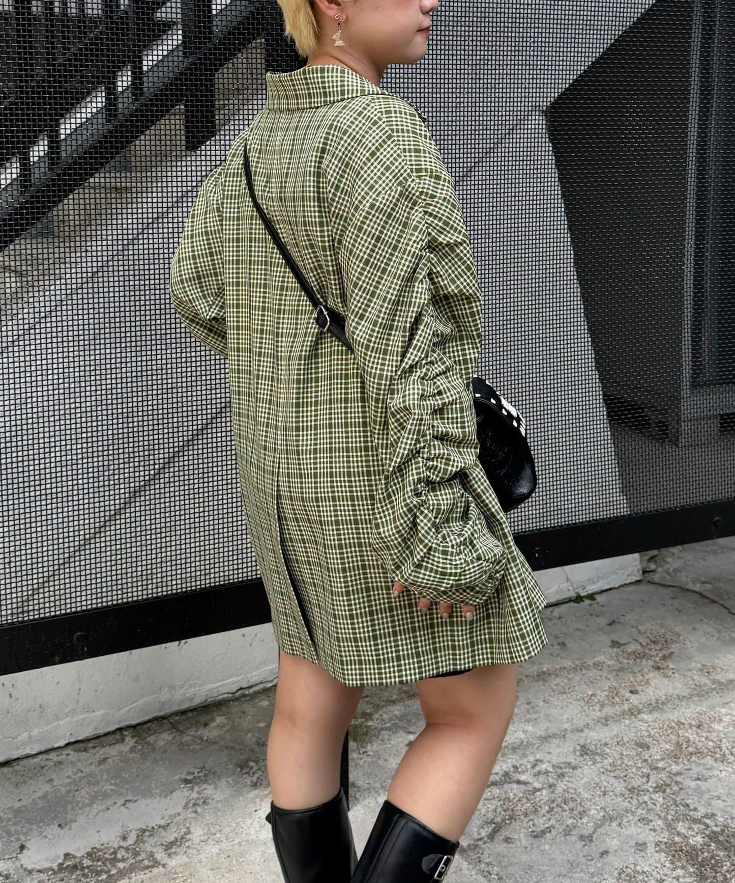 袖口褶皺格紋大爺夾克