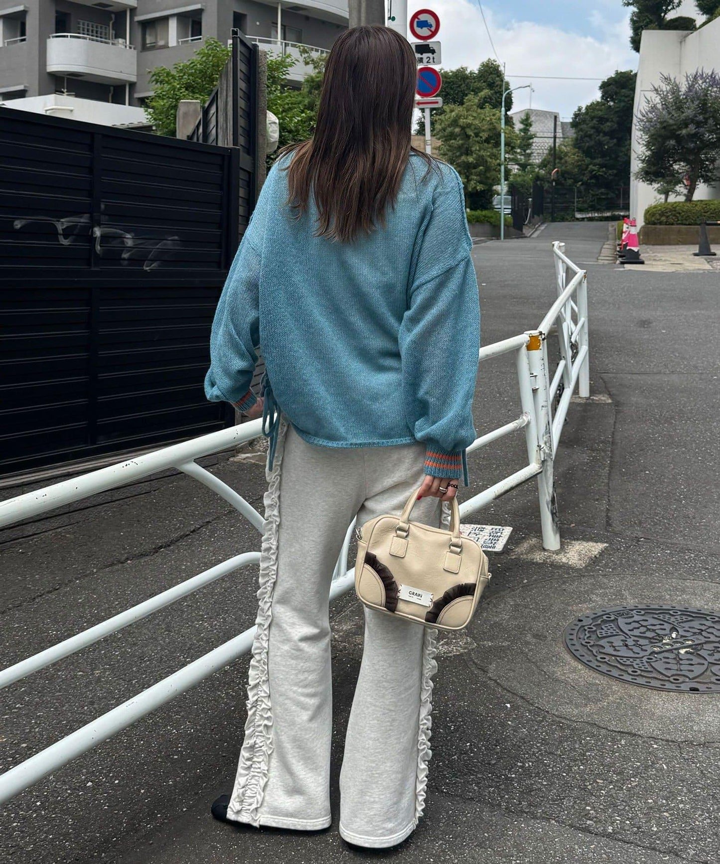 星標徽標荷葉邊透視針織衫