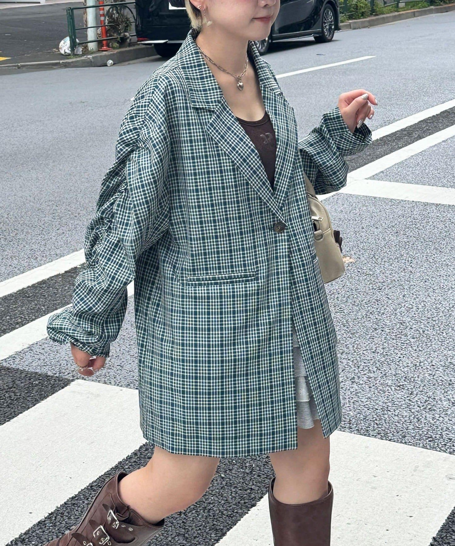 袖口褶皺格紋大爺夾克