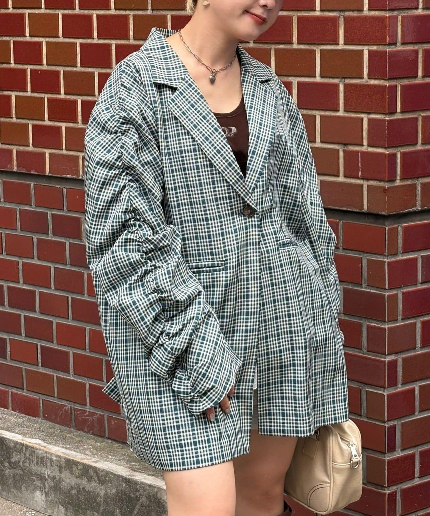 袖口褶皺格紋大爺夾克